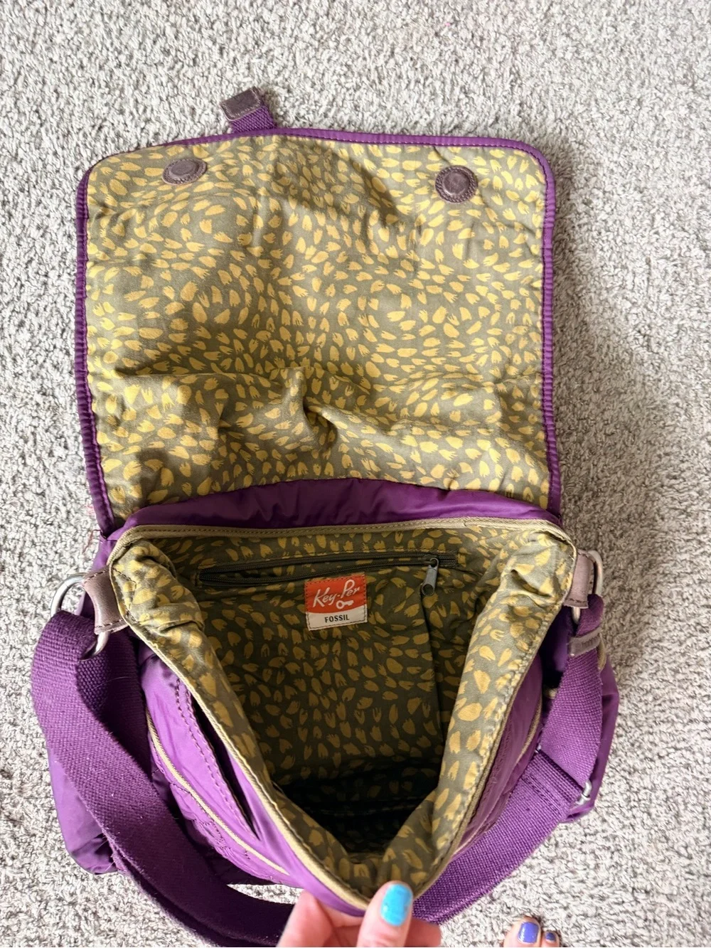Fossil Quilted Purple Messenger Bag with Silver Accent